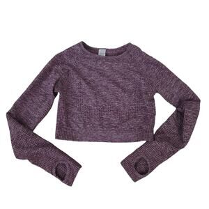 Women's Long Sleeve Workout Crop Top Small, Thumb Holes, Maroon Space Dye